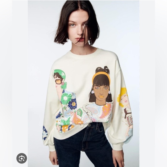 ZARA Blogger Fave Ecru Multi Girls Print Sweatshirt $59.90 EUC S Rare HTF - Picture 2 of 16